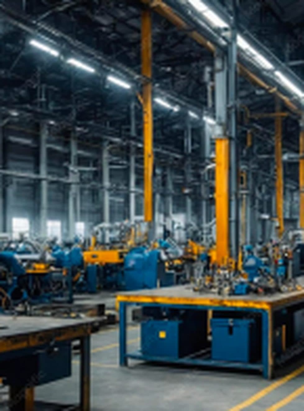Industrial workshop with overhead cranes and heavy machinery