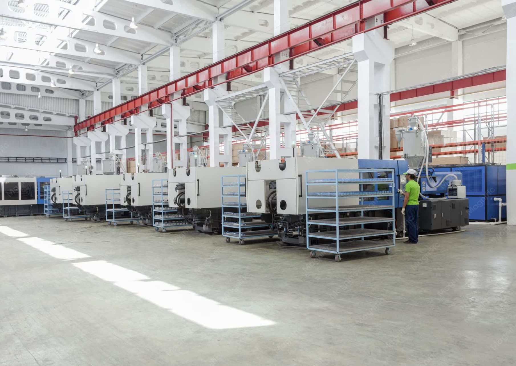 Rows of injection moulding machines and parts trolleys in a bright production hall