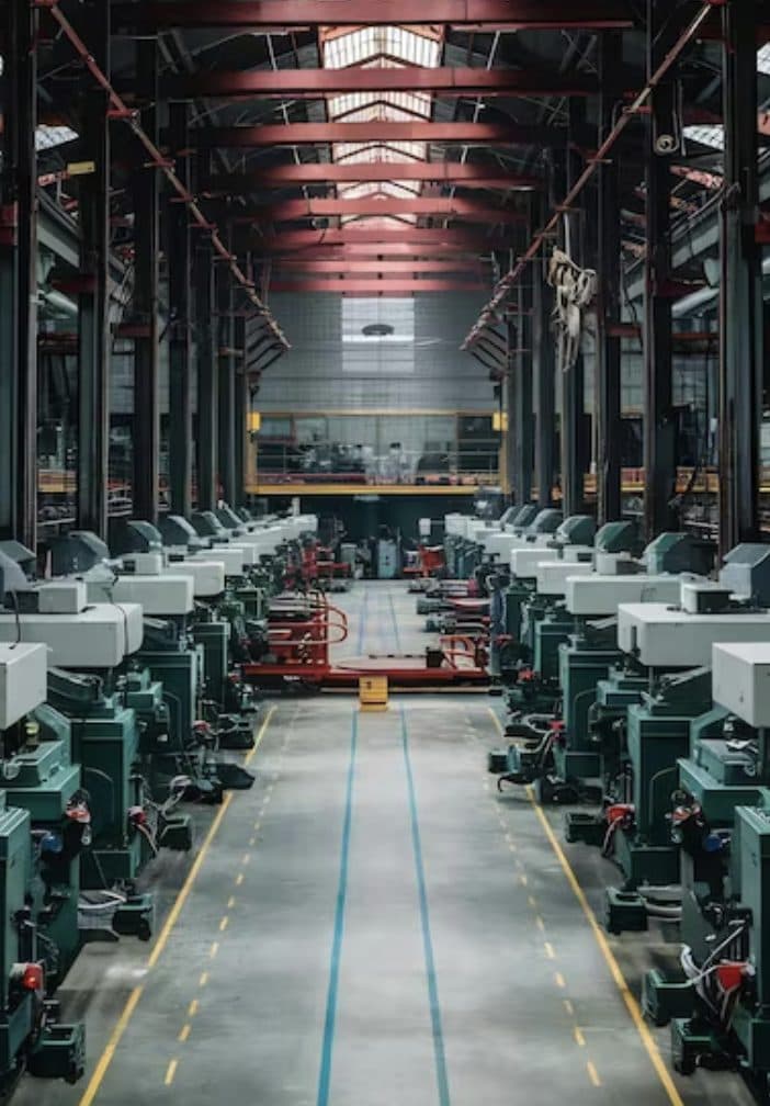 Long aisle of green injection moulding machines under red steel roof trusses