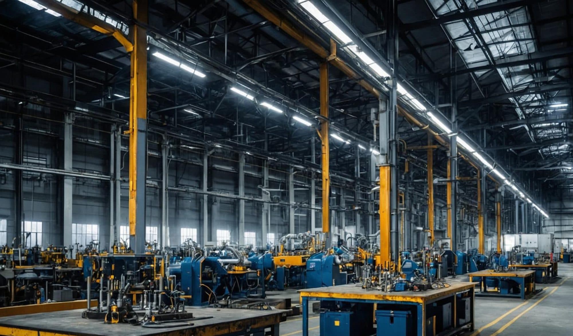 Interior of a large industrial production hall with machinery and overhead cranes